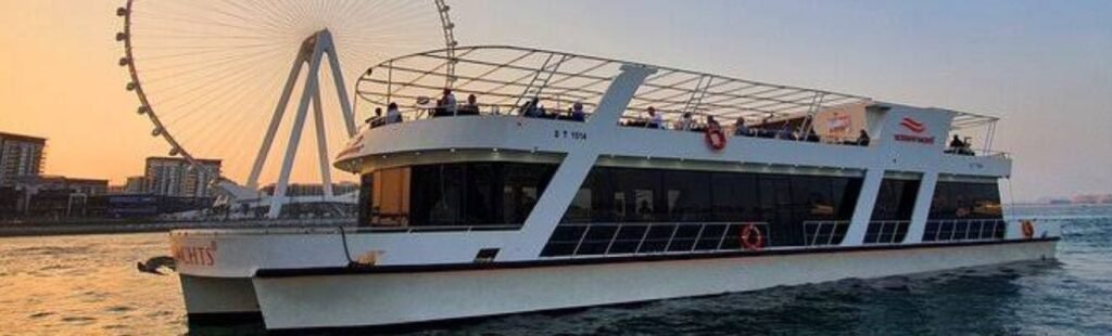 Luxurious interior of Marina Dhow cruise boat in Dubai.