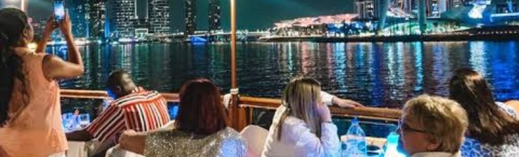 Elegant dining setup on a Marina Dhow Dinner Cruise.