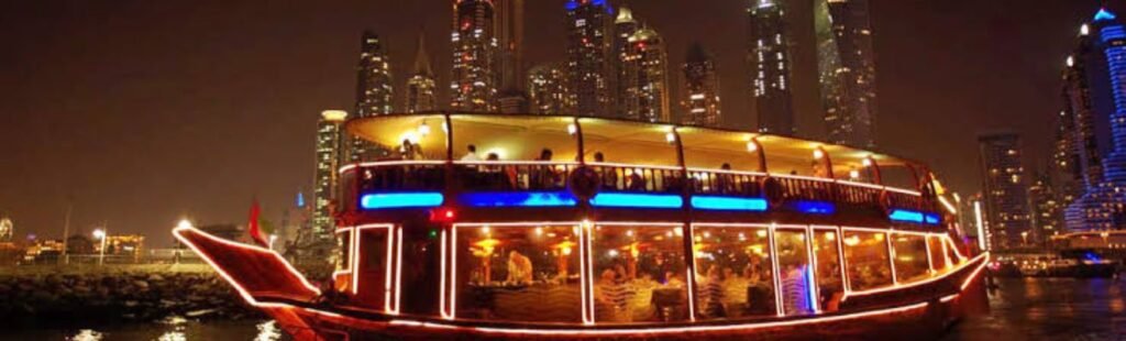 Luxurious interior of a Dhow Boat Tour in Dubai.