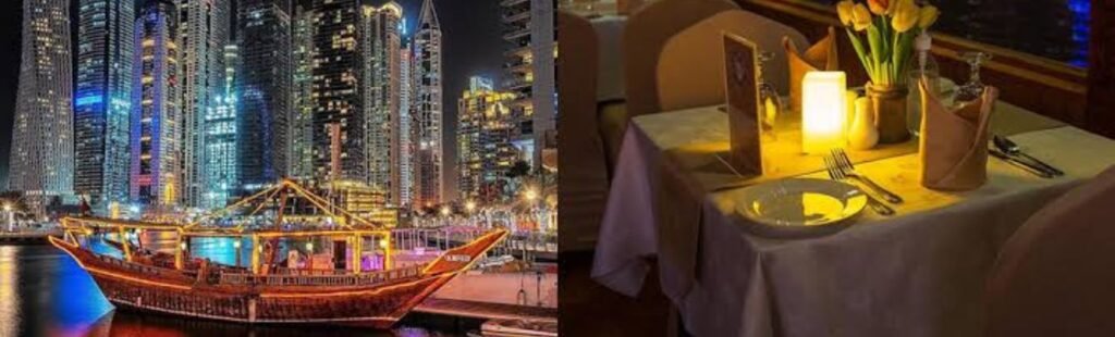 Night view of a Marina Dhow Cruise illuminated in Dubai.