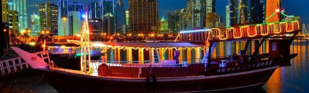 Elegant dining setup on a Dhow Cruise Dinner.