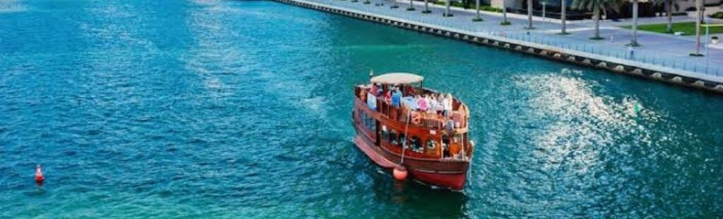 Romantic couple enjoying a Dhow Cruise Marina in Dubai.