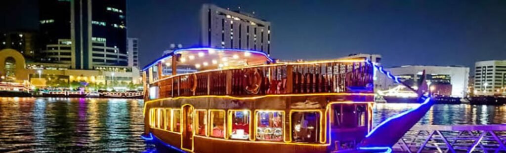 Night view of a Boat Cruise illuminated in Dubai Marina.