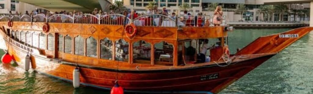 Elegant dining setup on Dhow Dubai.