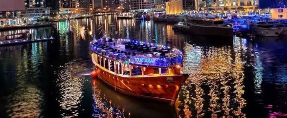 Elegant dining setup on a Dubai Cruise Dinner.