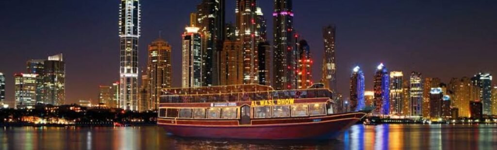 Guests enjoying a relaxed meal on the Lunch Cruise in Dubai.