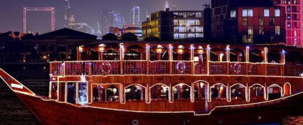 Dhow Offers with a view of Dubai's skyline.