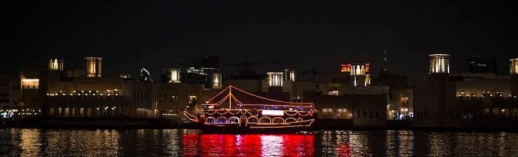 Elegant dining setup on a dhow cruise in Dubai.