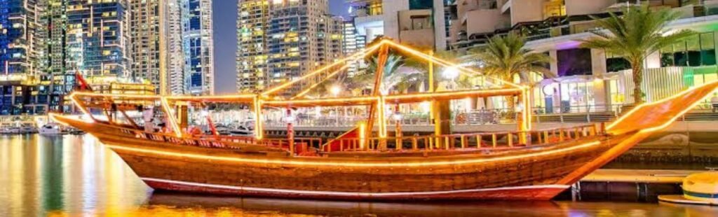 Elegant dining setup on a dhow cruise tickets in Dubai.