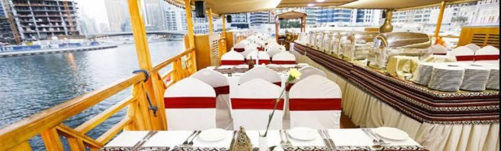 Buffet spread on the Marina Dhow Cruise with a variety of dishes.