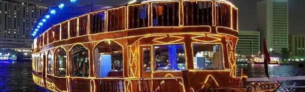 Elegant dining setup on the Dhow Cruise Dubai Creek.