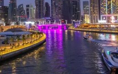 Luxurious Marina Dhow Cruise boat at sunset.