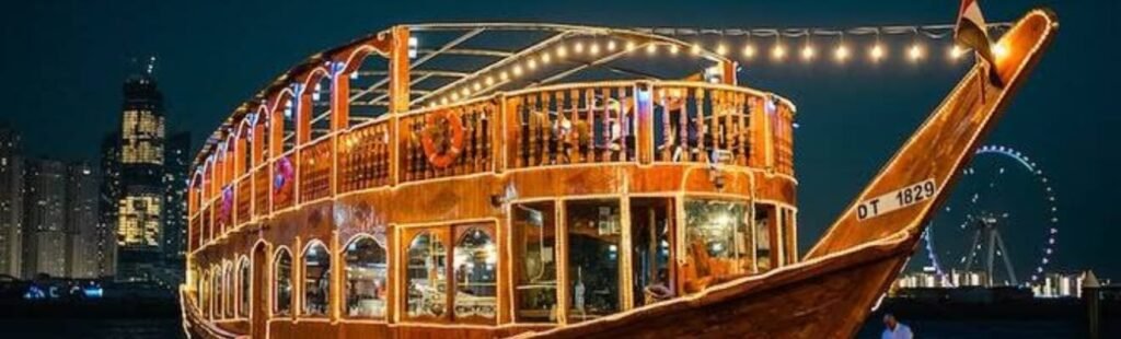 Elegant dining setup on the Dhow Cruise Canal.