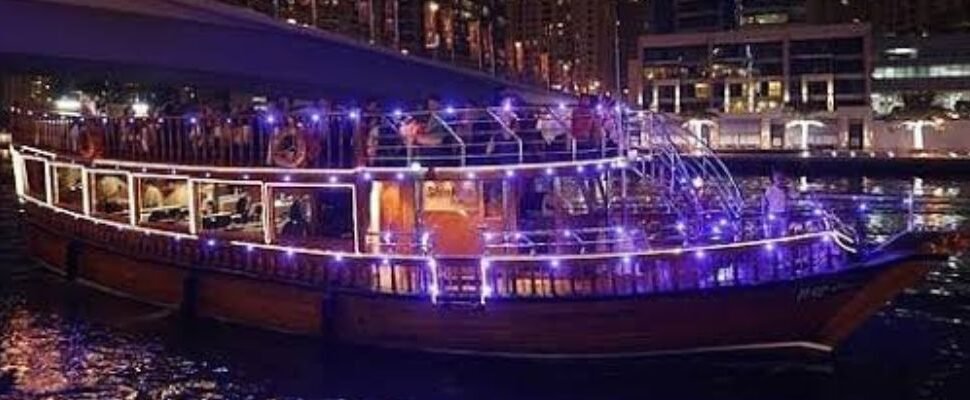 A luxury dhow cruising through Dubai Marina.