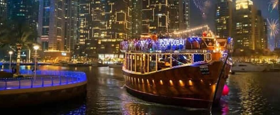 Luxurious yacht cruising through Dubai Marina.