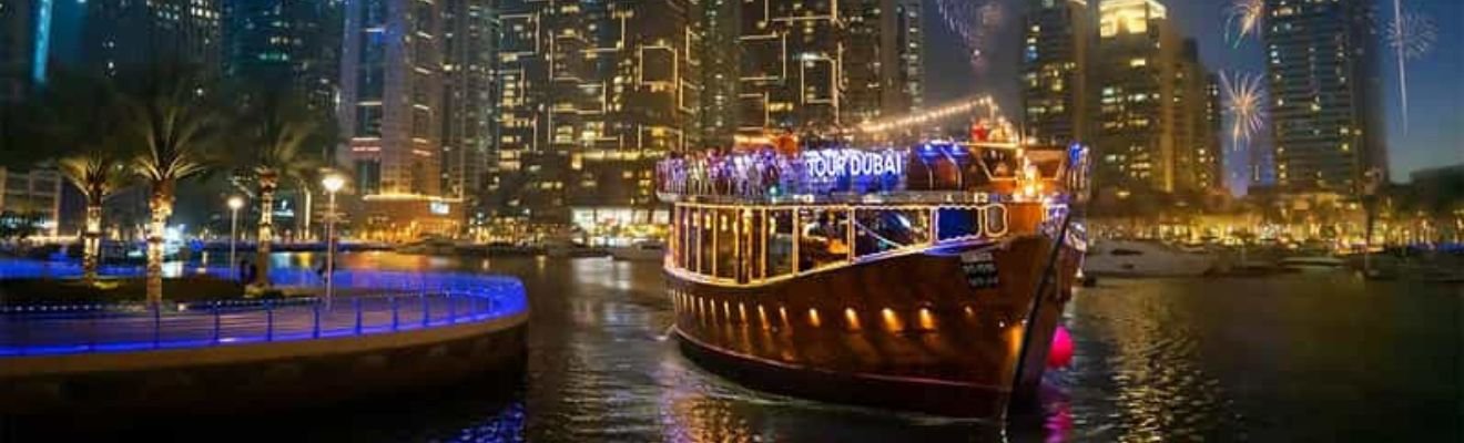 Luxurious yacht cruising through Dubai Marina.