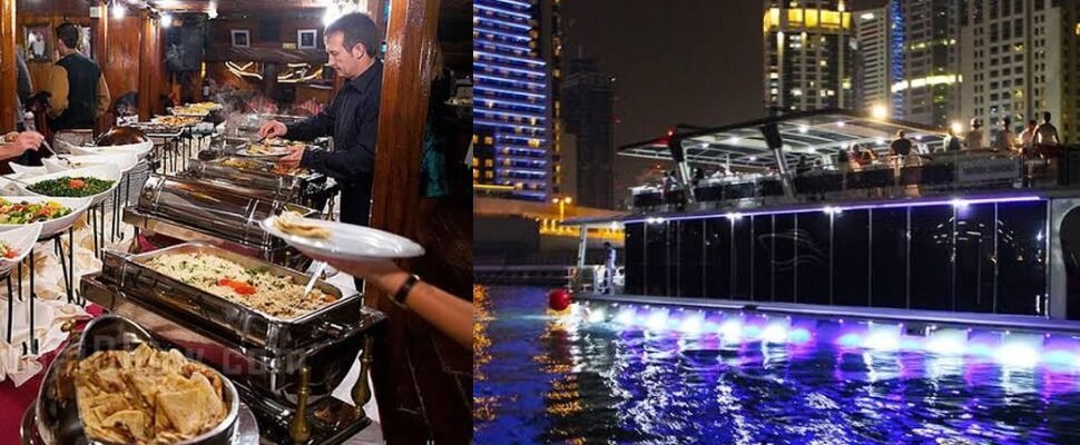 A beautifully arranged buffet spread on the Dhow Cruise Dubai.