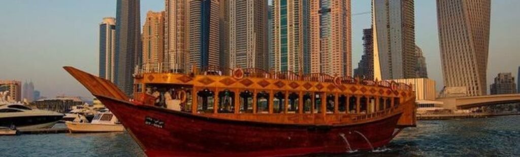 View of Dubai's skyline from the Dubai Creek boat cruise.