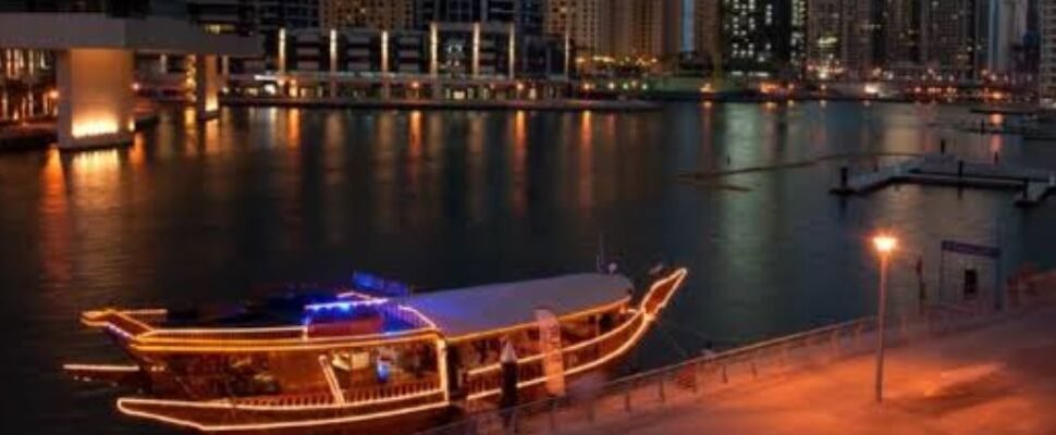 A luxury dhow cruise sailing through Dubai Marina.