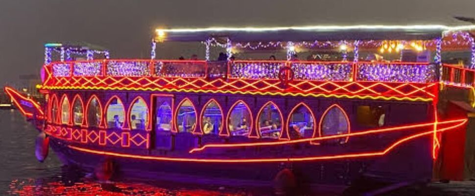 Festively decorated dhow cruise at Dubai Marina.