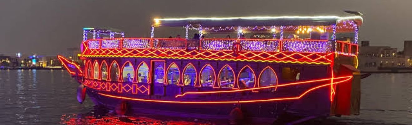 Festively decorated dhow cruise at Dubai Marina.