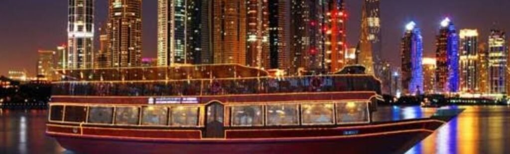 A family enjoying a meal on a Dubai dhow cruise.