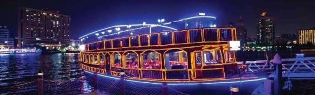 Elegant dining setup on a Dubai river cruise.