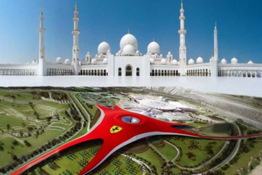 A captivating view of the Sheikh Zayed Grand Mosque in Abu Dhabi with its stunning white marble architecture, complemented by the iconic Ferrari World theme park located nearby. This image captures the perfect blend of cultural and modern attractions featured in the Abu Dhabi City Tour, which includes a visit to both these world-renowned landmarks.