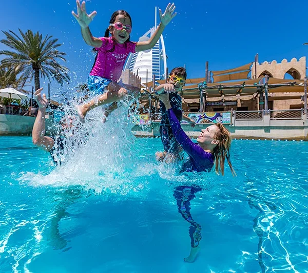 Aerial view of Wild Wadi Waterpark Jumeirah, a popular water park in Dubai with exciting water slides and pools.
