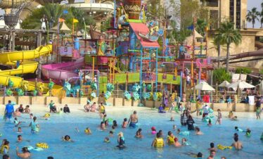 Aerial view of Wild Wadi Waterpark Jumeirah, a popular water park in Dubai with exciting water slides and pools.