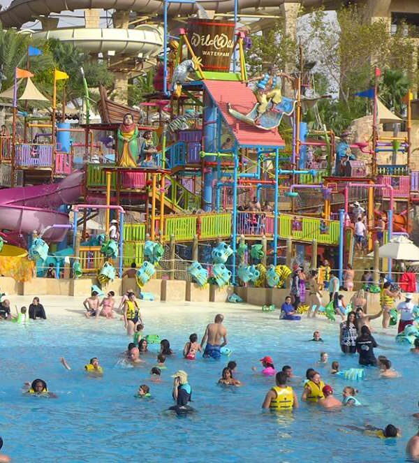 Aerial view of Wild Wadi Waterpark Jumeirah, a popular water park in Dubai with exciting water slides and pools.