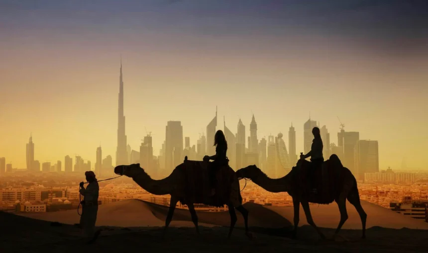 A thrilling evening desert safari in Dubai featuring dune bashing, camel rides, and a luxury Bedouin-style camp under the stars.