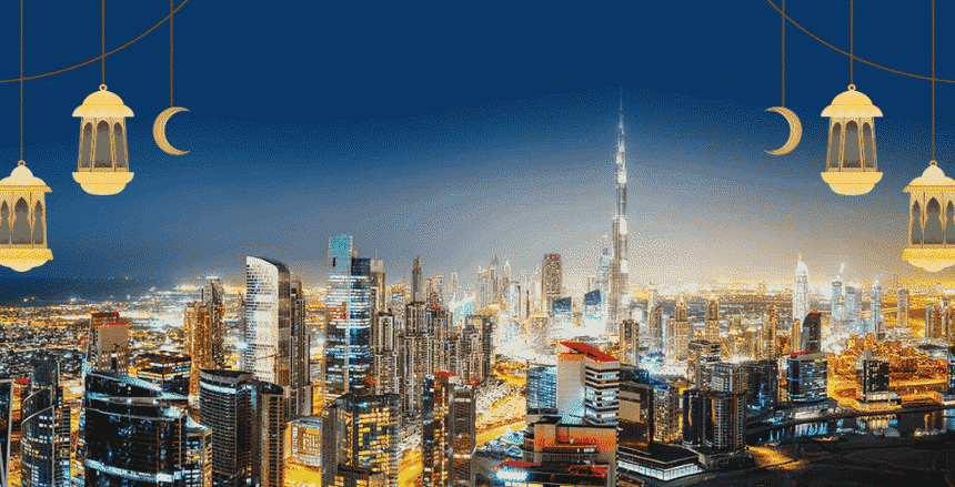 A serene Ramadan 2025 in UAE with lanterns, iftar feasts, and people praying, reflecting the spirit of Ramadan 2025 UAE.