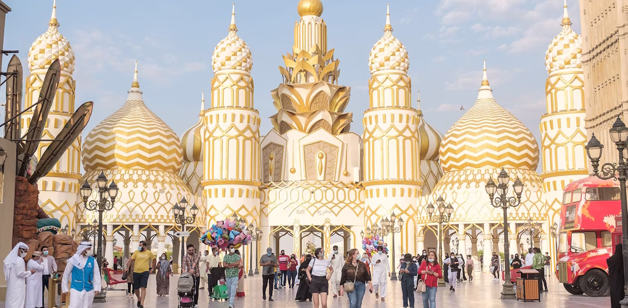 Vibrant night view of Global Village Dubai, featuring stunning pavilions and live entertainment. Check Global Village timing and book Global Village tickets for an exciting cultural experience.