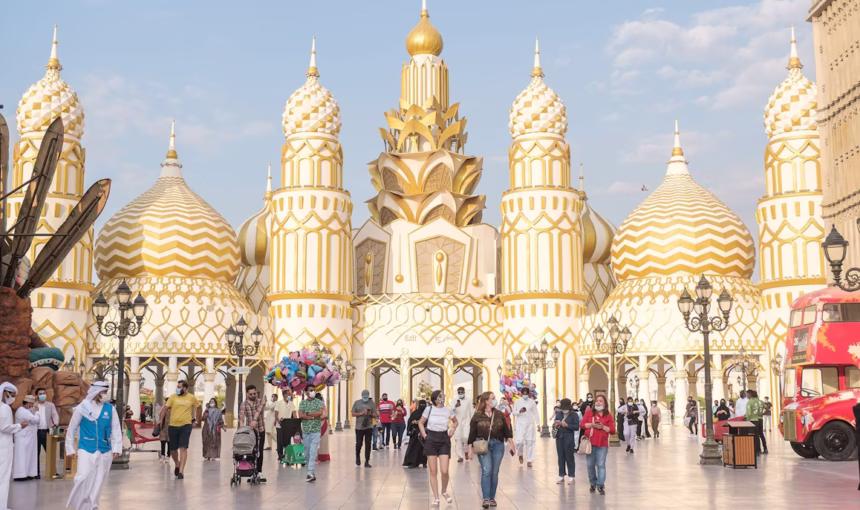 Vibrant night view of Global Village Dubai, featuring stunning pavilions and live entertainment. Check Global Village timing and book Global Village tickets for an exciting cultural experience.