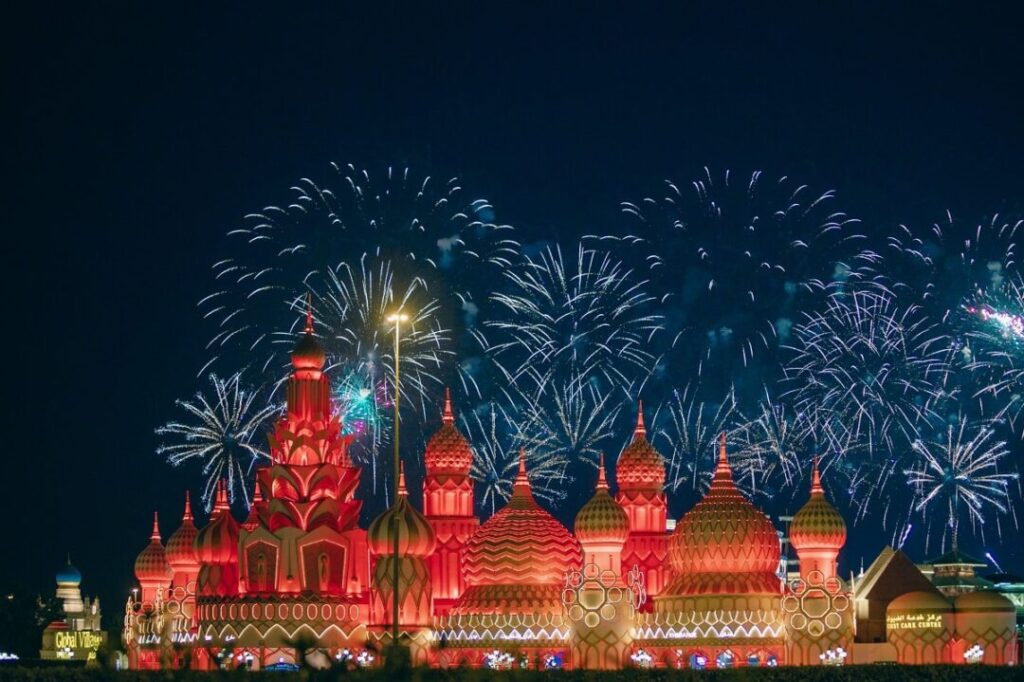 Global Village Ticket – Enjoy Fireworks and Night Shows at Dubai’s Global Village › Forever Tourism LLC Fireworks lighting up the night sky at Dubai’s Global Village with Global Village Ticket entry.