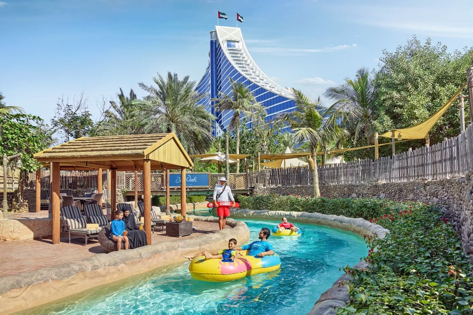 Aerial view of Wild Wadi Waterpark Jumeirah, a popular water park in Dubai with exciting water slides and pools.