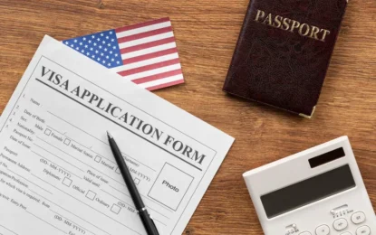 Person checking US Visa Application status online in Dubai with documents and passport.