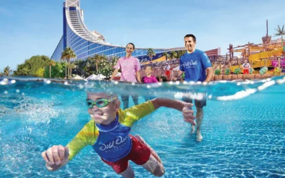 Aerial view of Wild Wadi Waterpark Jumeirah, a popular water park in Dubai with exciting water slides and pools.