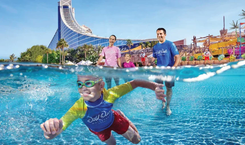 Aerial view of Wild Wadi Waterpark Jumeirah, a popular water park in Dubai with exciting water slides and pools.