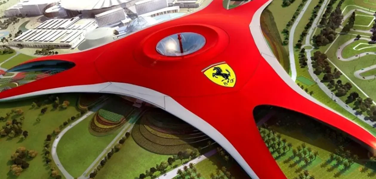 Skyline view of Ferrari World Abu Dhabi during an exciting Abu Dhabi city tour with Ferrari World tickets.