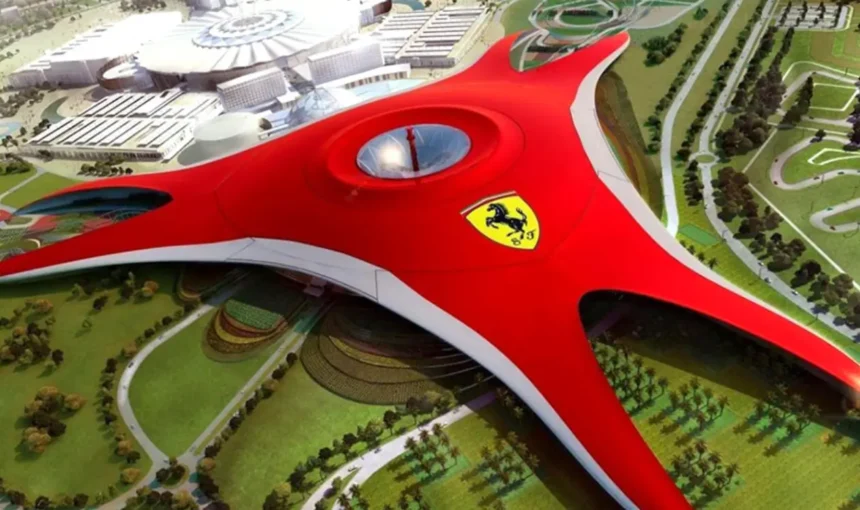 Abu Dhabi City Tour with Ferrari World: 2025 Wow! › Forever Tourism LLC Skyline view of Ferrari World Abu Dhabi during an exciting Abu Dhabi city tour with Ferrari World tickets.