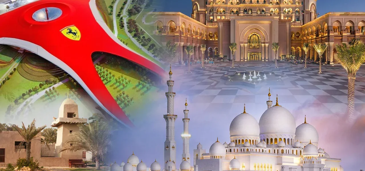 Scenic view of Abu Dhabi’s skyline showcasing the Sheikh Zayed Grand Mosque and Ferrari World, part of an exciting Abu Dhabi city tour itinerary.