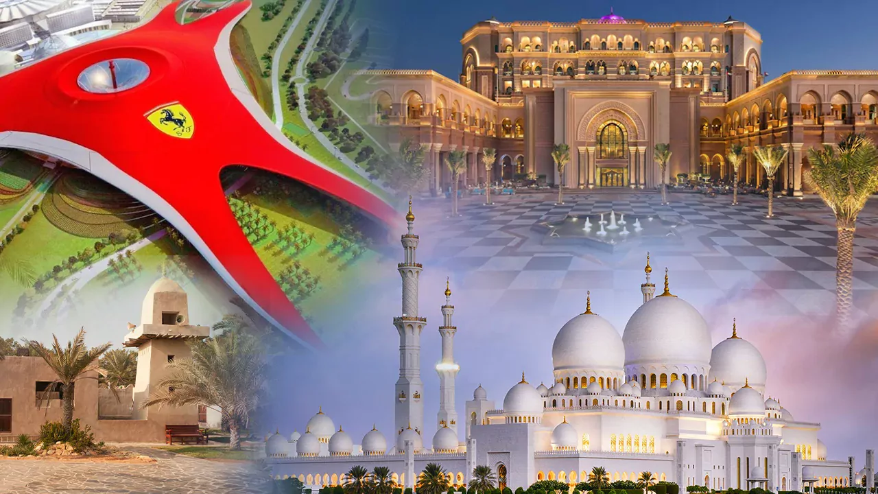 Scenic view of Abu Dhabi’s skyline showcasing the Sheikh Zayed Grand Mosque and Ferrari World, part of an exciting Abu Dhabi city tour itinerary.