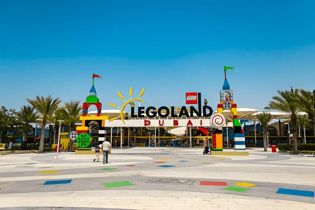 Families enjoying rides at LEGOLAND Water Park with information on LEGOLAND Dubai tickets, timings, and opening hours.