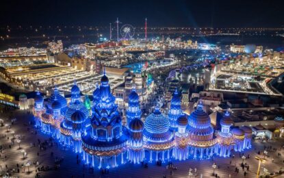 Vibrant night view of Global Village, featuring cultural pavilions, dazzling lights, and exciting attractions. Book your Global Village Ticket today!