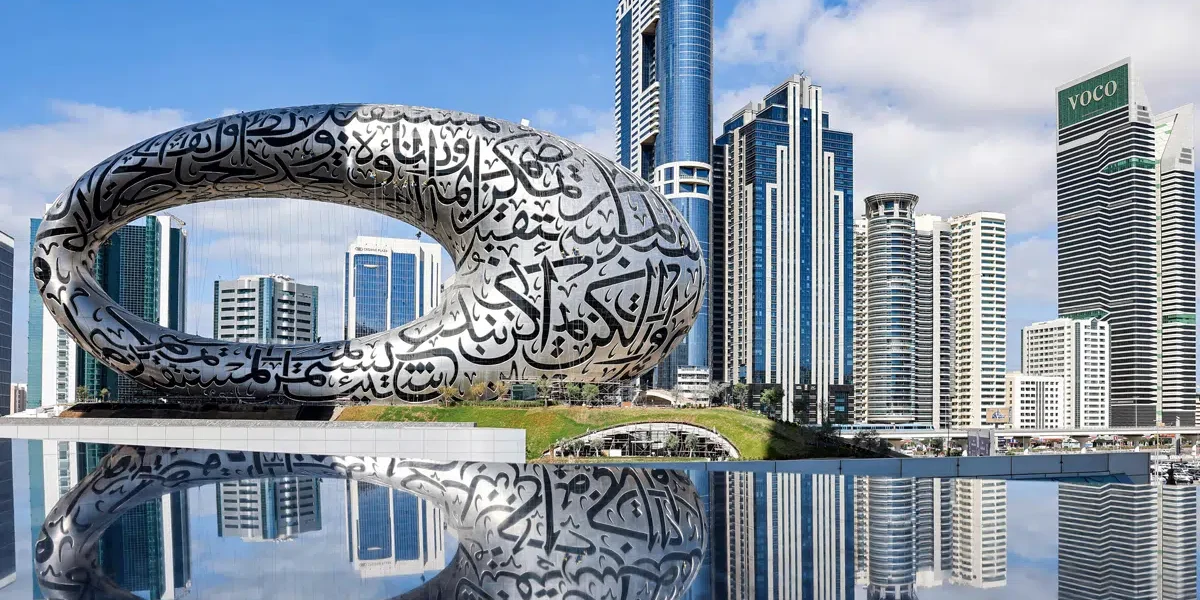 Futuristic architecture of the Museum of The Future Dubai, highlighting its unique design. Plan your visit with updated Museum of The Future opening hours and secure your Museum of The Future tickets now.