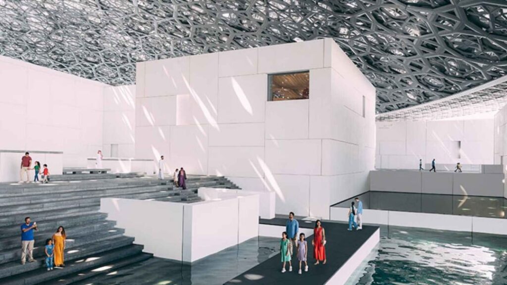 The Louvre Abu Dhabi, a stunning museum known for its modern design and vast collection of art from across the globe. This cultural gem is a key highlight of the Abu Dhabi City Tour, where you can explore world-class art, architecture, and history.