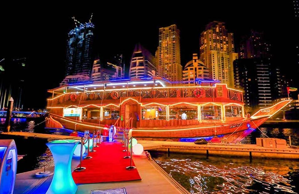 A stunning Dhow Cruise in Dubai, offering the best dhow cruise in Dubai Marina, with scenic views and exceptional dining experiences.