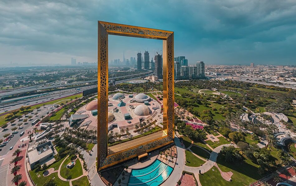 Stunning view of Dubai Frame at sunset, highlighting Dubai Frame opening hours, ticket price details, and where to get Dubai Frame tickets.